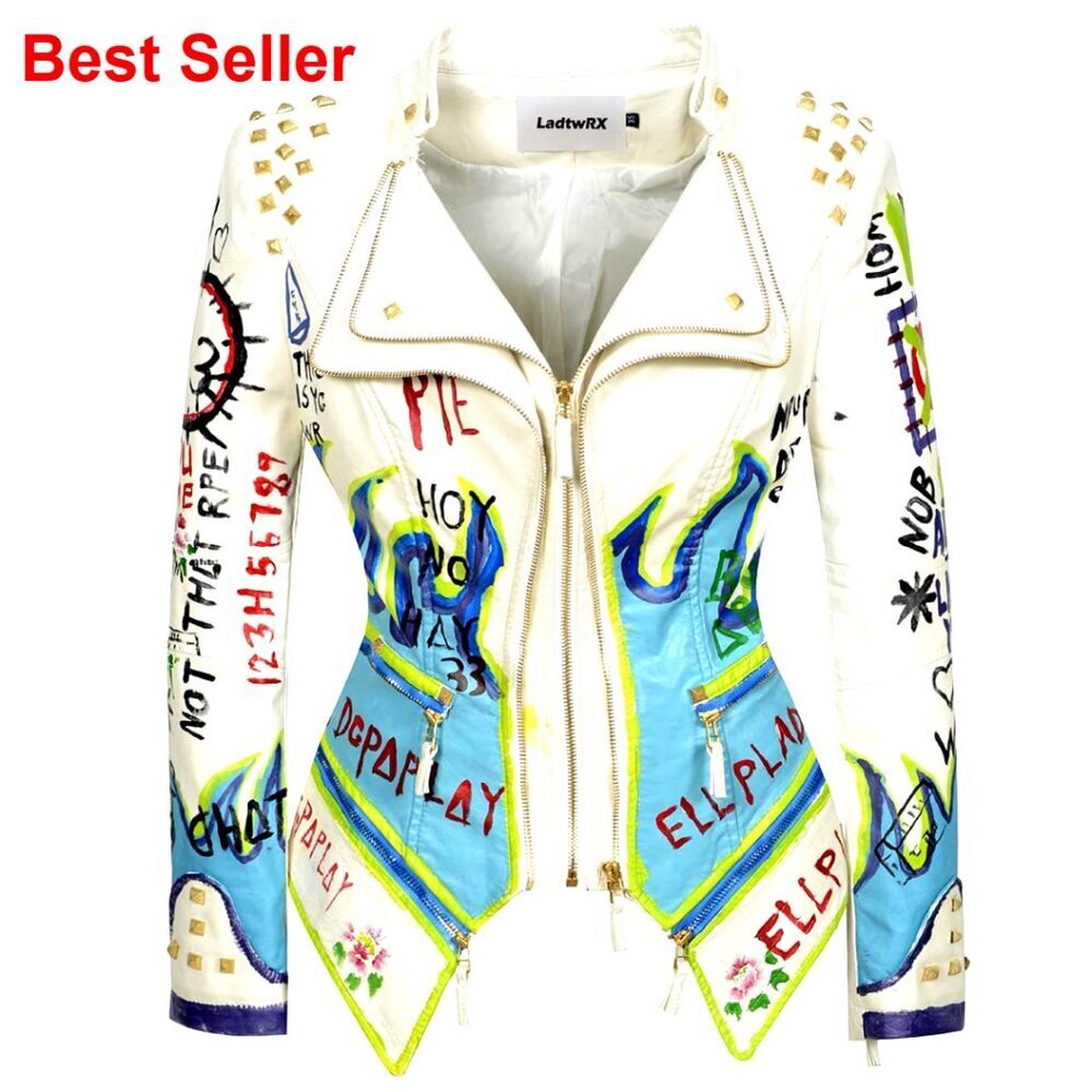Faux Leather Moto Jacket with Hand Painted Graffiti and Studs